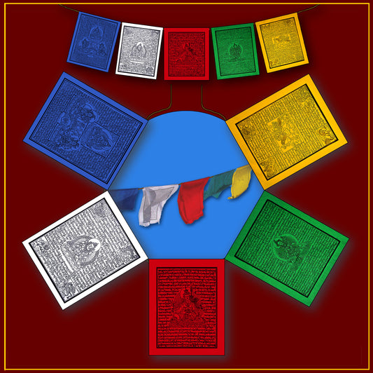 Woodblock Printed Prayer Flags<br>Set of 5 Flags on Rope (6 ft. Long)