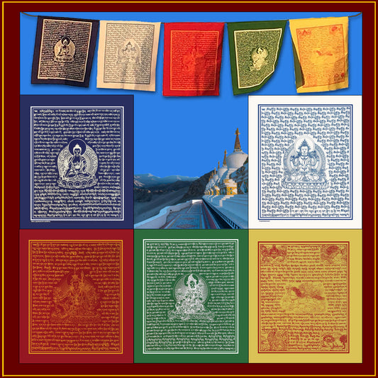 Mixed Set of Screen Printed Prayer Flags - 5 on rope (6' long)