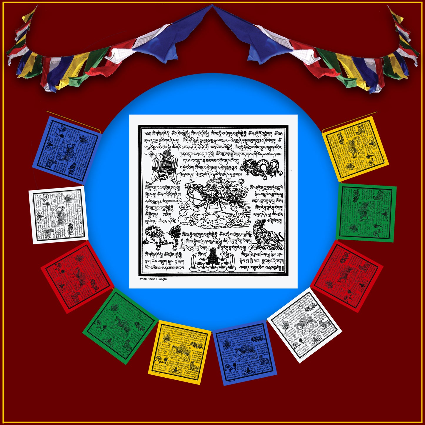 Wind Horse Prayer Flag Set of 10 ((7'-4")